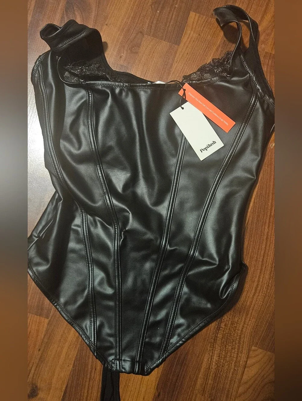 POPILUSH Black Faux Leather Lace-Trim Bodysuit